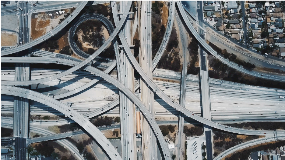 a busy multilevel interwoven highway exchange