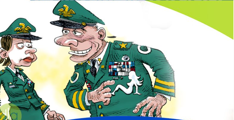 cartoon of a woman in uniform shocked by a leering officer pointing to anaked girl among his medal collection. Military sexual assault