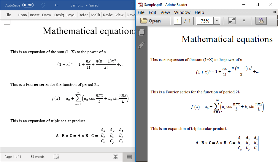 Mathematical equations in Word-to-PDF conversion