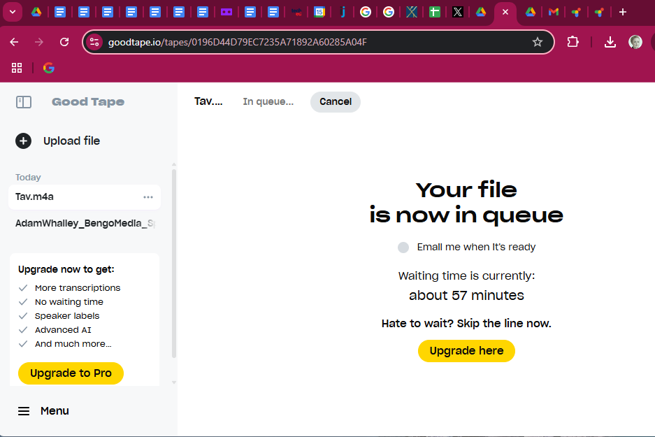 This shows a screen on Good tape saying “your file is now in a queue… Waiting time is currently about 57 minutes… Hate to wait? Skip the line now Upgrade here.”
