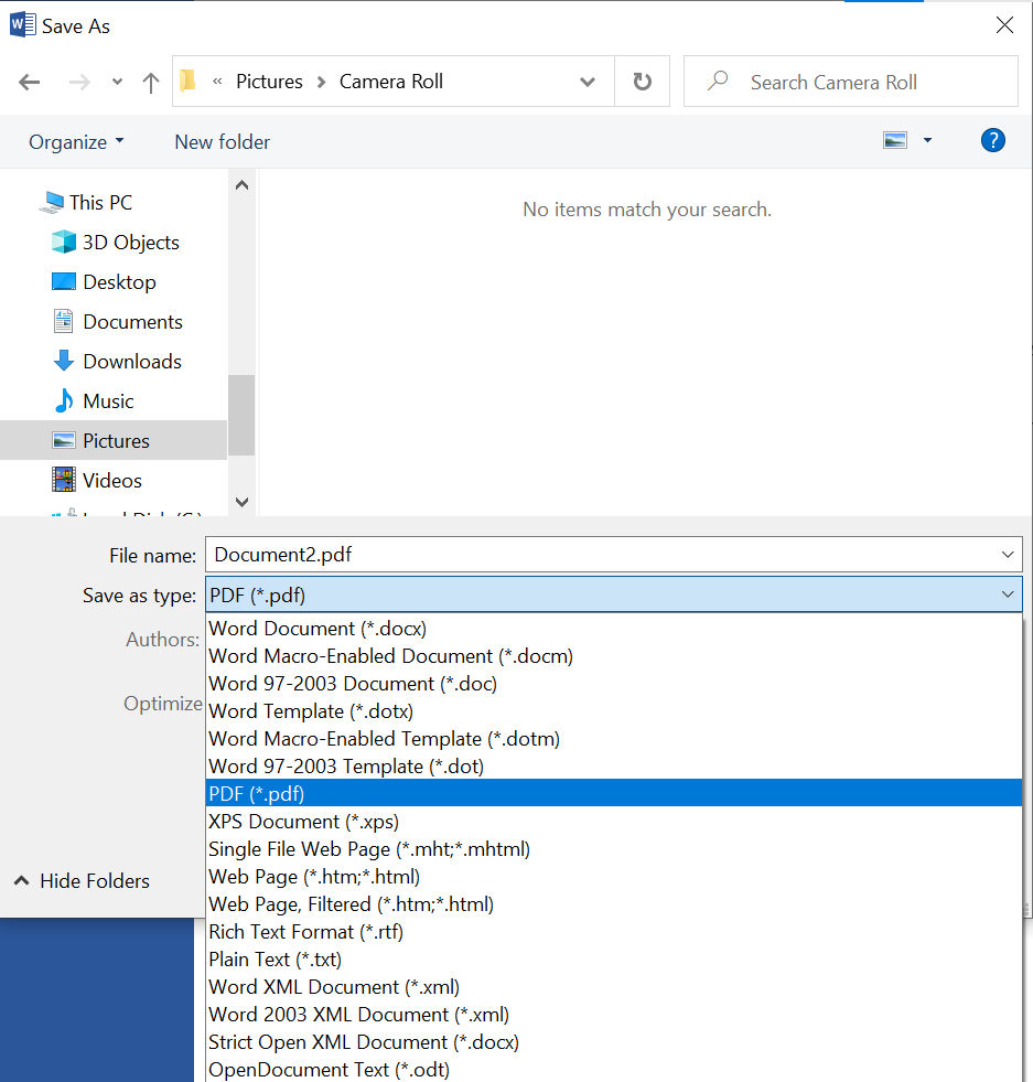 Choose the file type to PDF