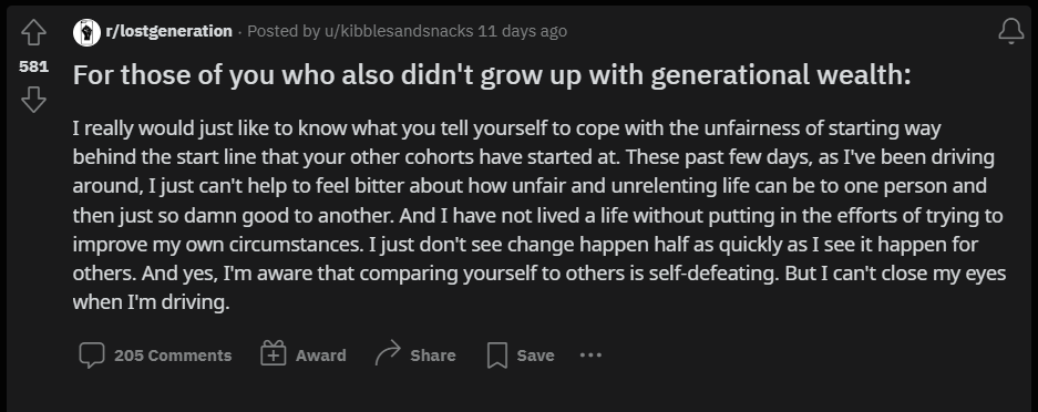 A user posts about the unfairness of generational wealth on the website Reddit.