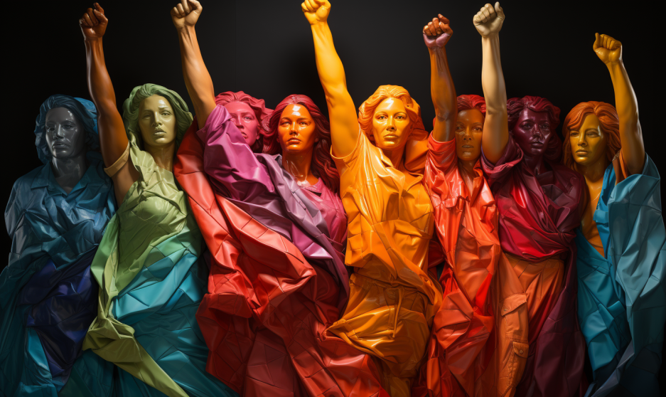 Colorful statues raising their fists, representing the power of diversity