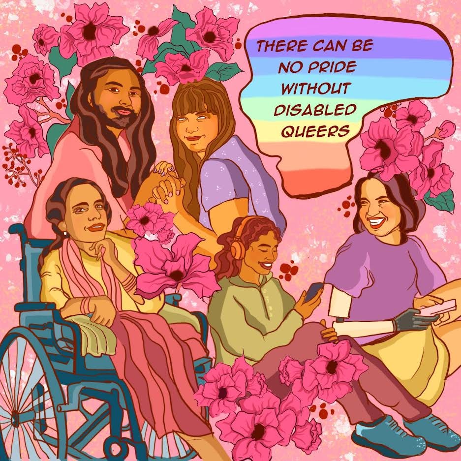 Against a background with pink flowers, there are five people smiling. The two people at the top are holding hands. Below is a person in a wheelchair. Next to them is a person wearing headphones and looking at their phone. To their right is a person with a prosthetic arm, also holding a phone. Credit: Ritika Gupta