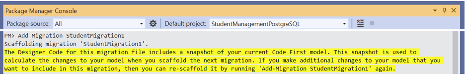 Run the Add-Migration StudentMigration1 command