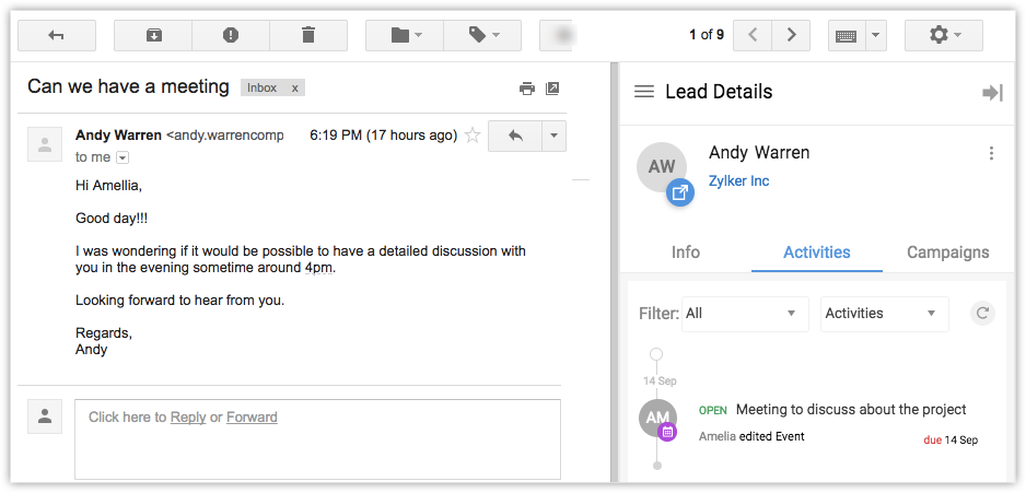 Zoho CRM showing lead details in Gmail