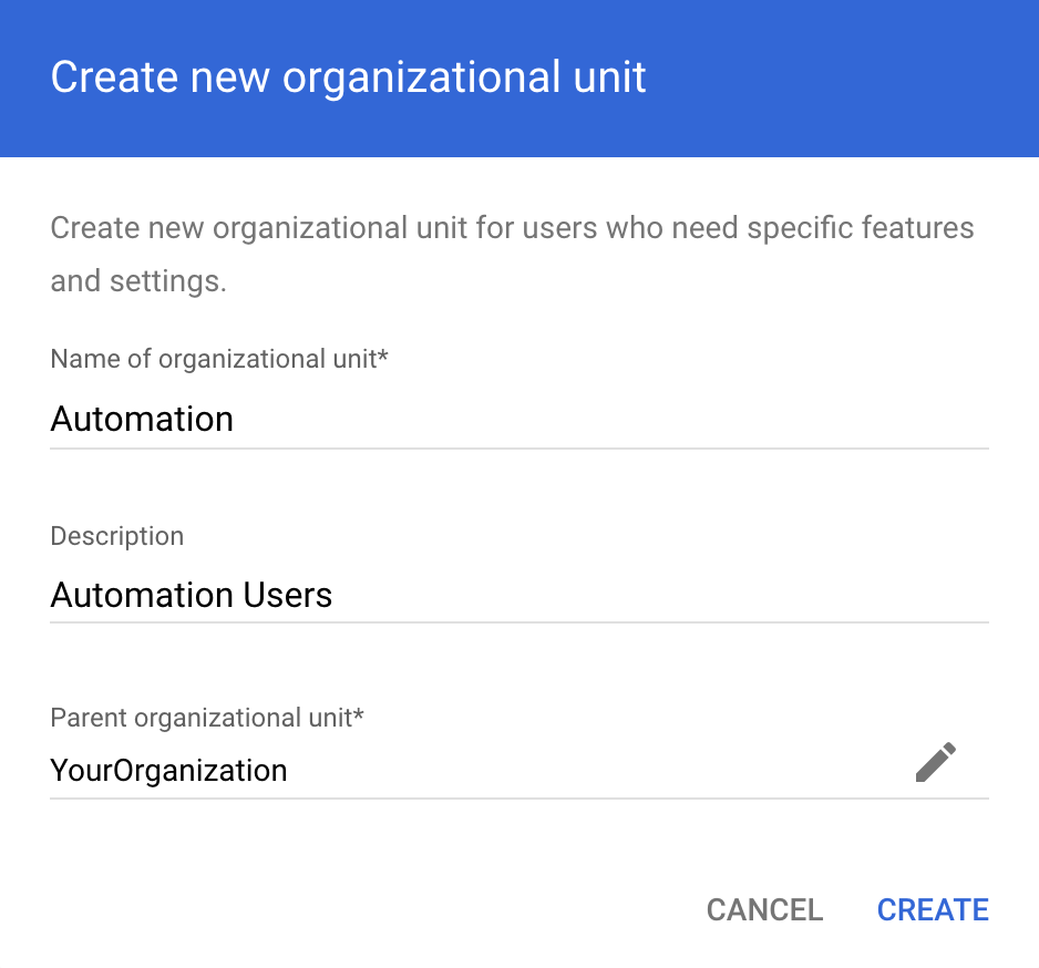 A pop-up form for creating Organization Unit