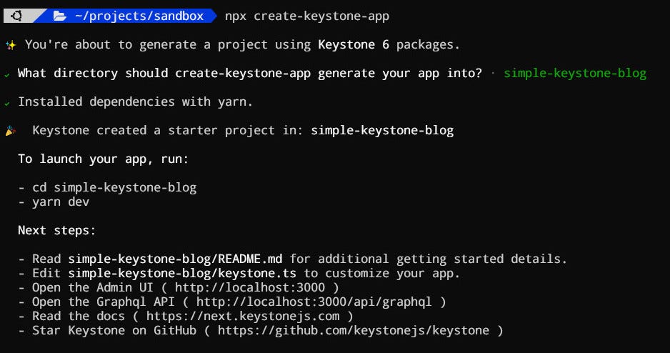 npx create-keystone-app output