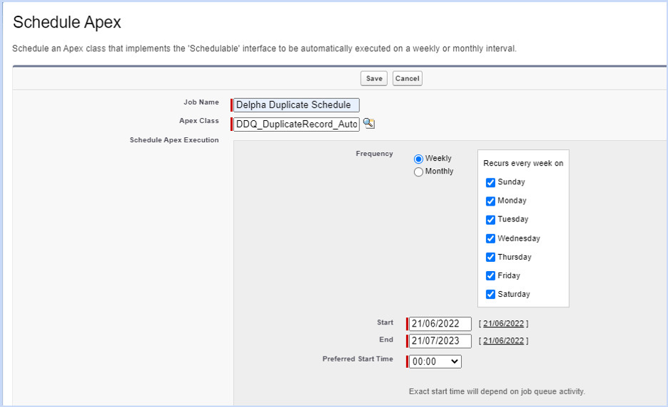 Screenshot of Delpha’s scheduler where users can customize to their preferences to run deduplication batches