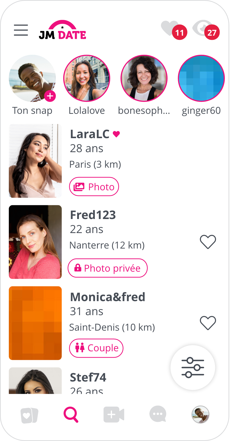 Une capture d'écran de l'interface de recherche sur JM Date pour illustrer notre test du site. Cette plateforme de rencontres pour adultes offre des fonctionnalités pour faciliter votre recherche de partenaires coquins. Découvrez comment trouver votre match parfait en quelques clics avec notre analyse complète de JM Date.