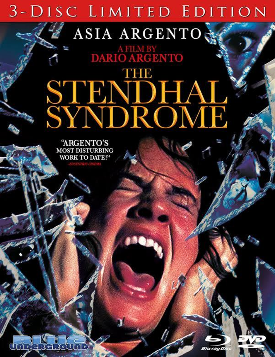 DVD cover: A young woman screams, surrounded by shards of broken glass. The text around her reads: Asia Argento, A film by Dario Argento, The Stendhal Syndrome, “Argento’s most disturbing work to date”