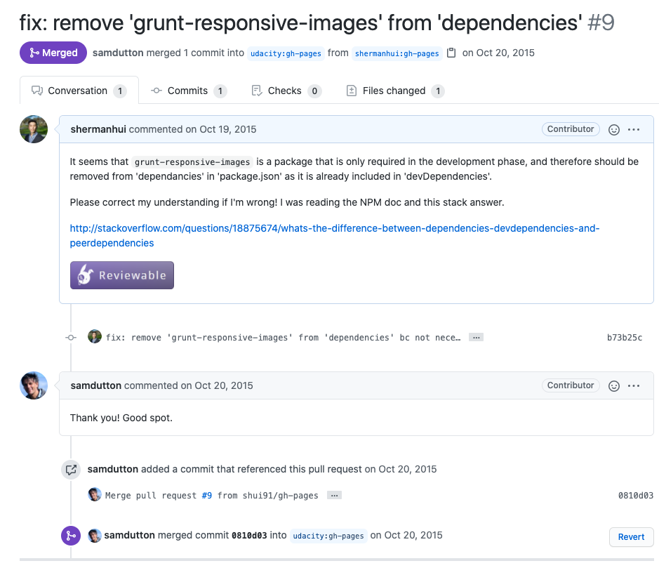A screenshot of my very first pull request on Oct. 19, 2015