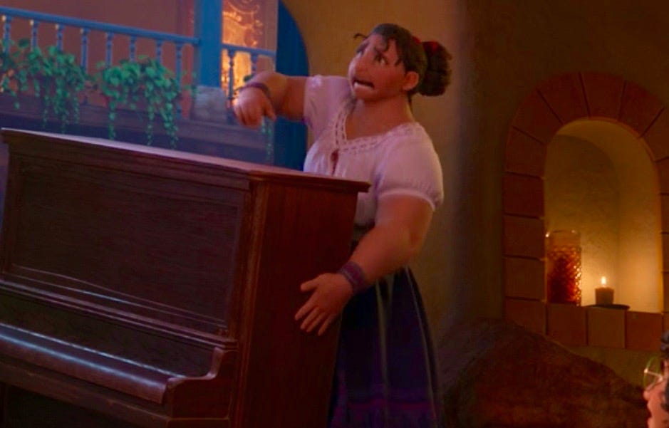Luisa from the Disney film ENCANTO, is tasked with moving a piano.