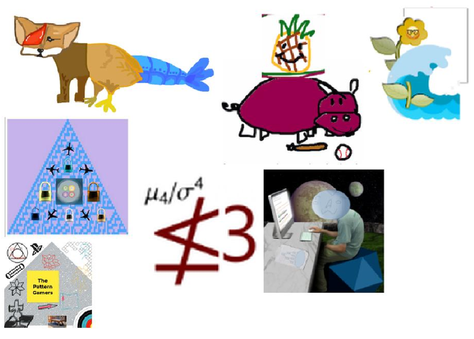 Team mascots, represented as a fox-like chimera with chicken legs and a fish tail, an ocean scene, pyramids and planes, study memes, hand-drawn pineapples and more.