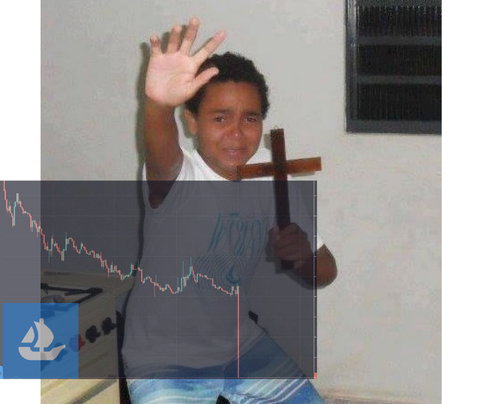 A young boy holds a crucifix to ward off a terrible OpenSea price chart which shows his NFT price dropping sharply.
