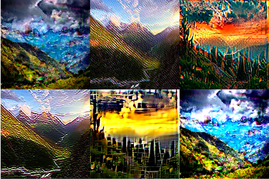 Six panels of different landscape scenes, interrupted by jagged lines and distortions in a beautiful, disorienting fashion