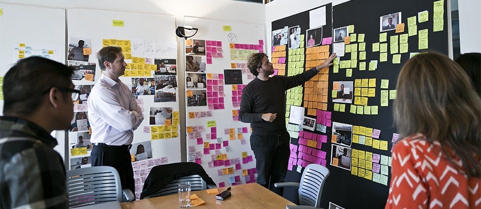 2 guys in a meeting room with a lot of post-it notes on the walls around them.