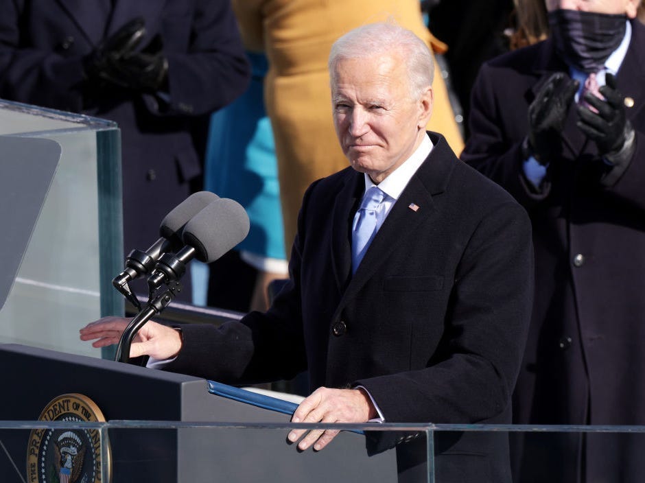 President Joe Biden delivers his inaugural address.