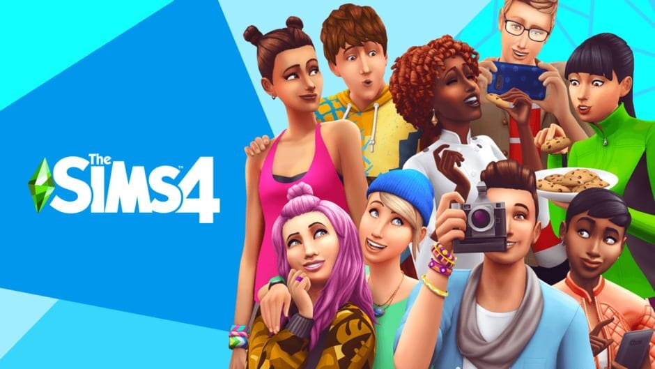 A group of Sims from The Sims 4, with various skin tones, hair types, and outfits, gather together as pictures are taken. The title appears in white text on a blue background to the left side.