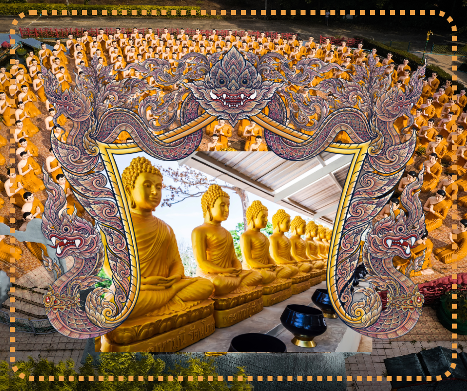 A row of identical Buddhas that seem to be addressing a large number of monks in the background.