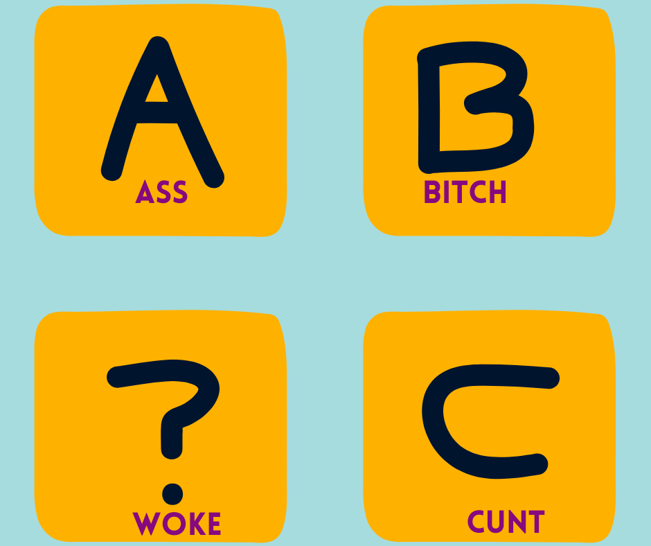 Image of a word game: ABC with words: Ass, Bitch, Cunt and Woke written on it. Image Designed on Canva by Author.