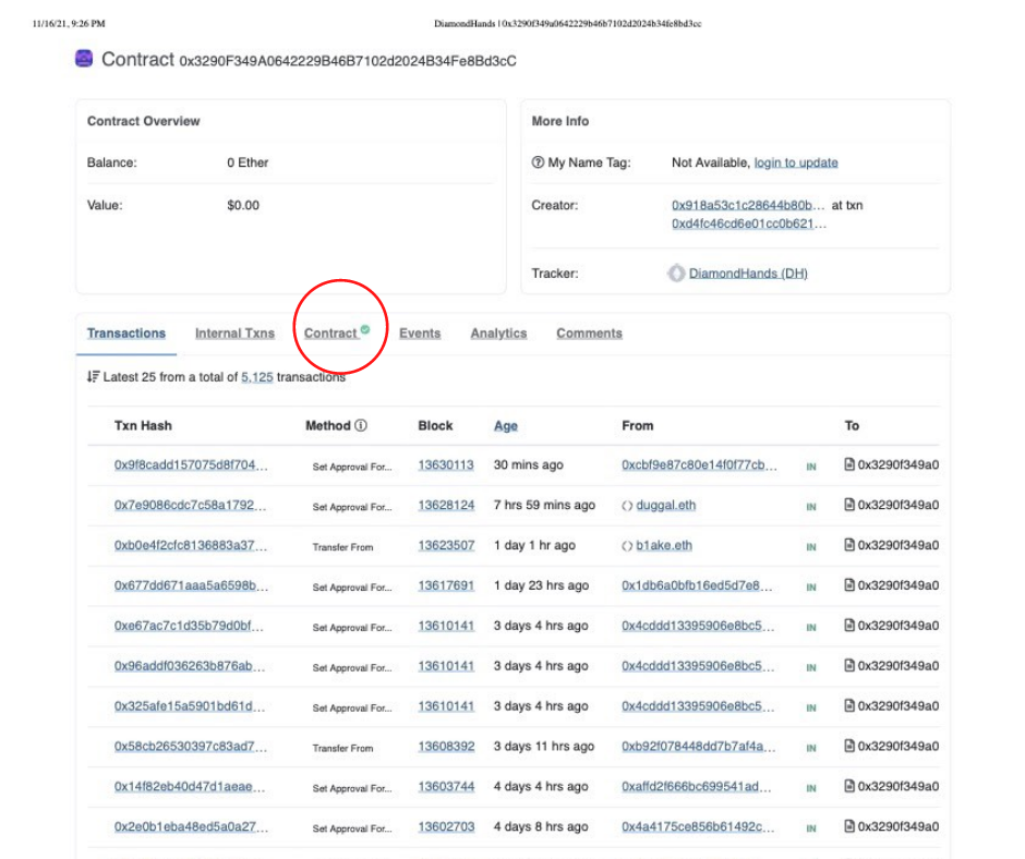 A screenshot of the Etherscan website showing verification of an NFT smart contract.