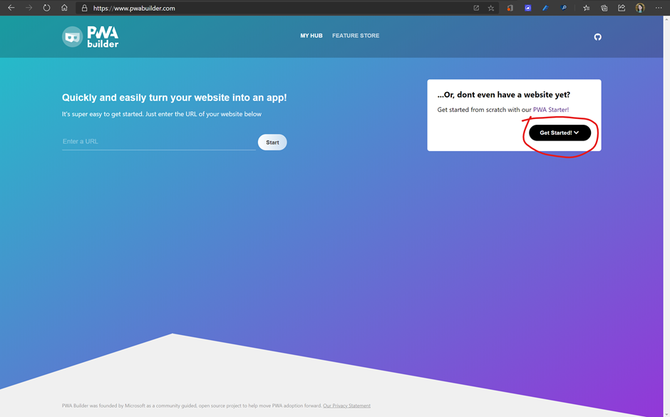 A screenshot of the PWABuilder home page that shows where the button to get a copy of the starter is.