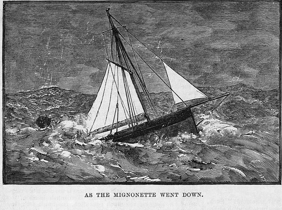 As the Mignonette went down, The Illustrated London News, 20 Sept 1884, p. 268. b/w drawing of a yacht sinking in rough seas. A small boat can be seen to its left.