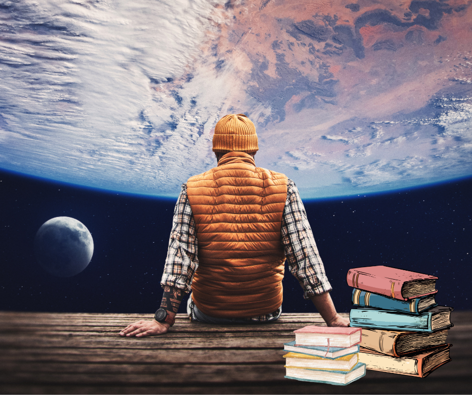 Man watching the Earth from space with a stack of books.