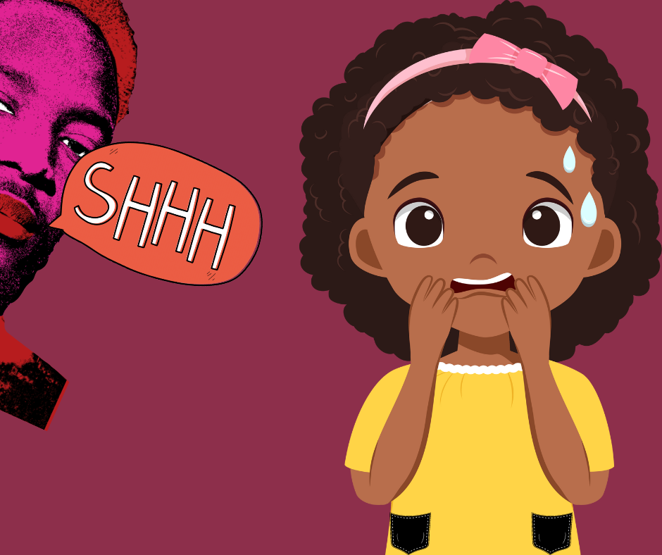 A scared African girl wearing a yellow dress in front of a man saying, “shhh”