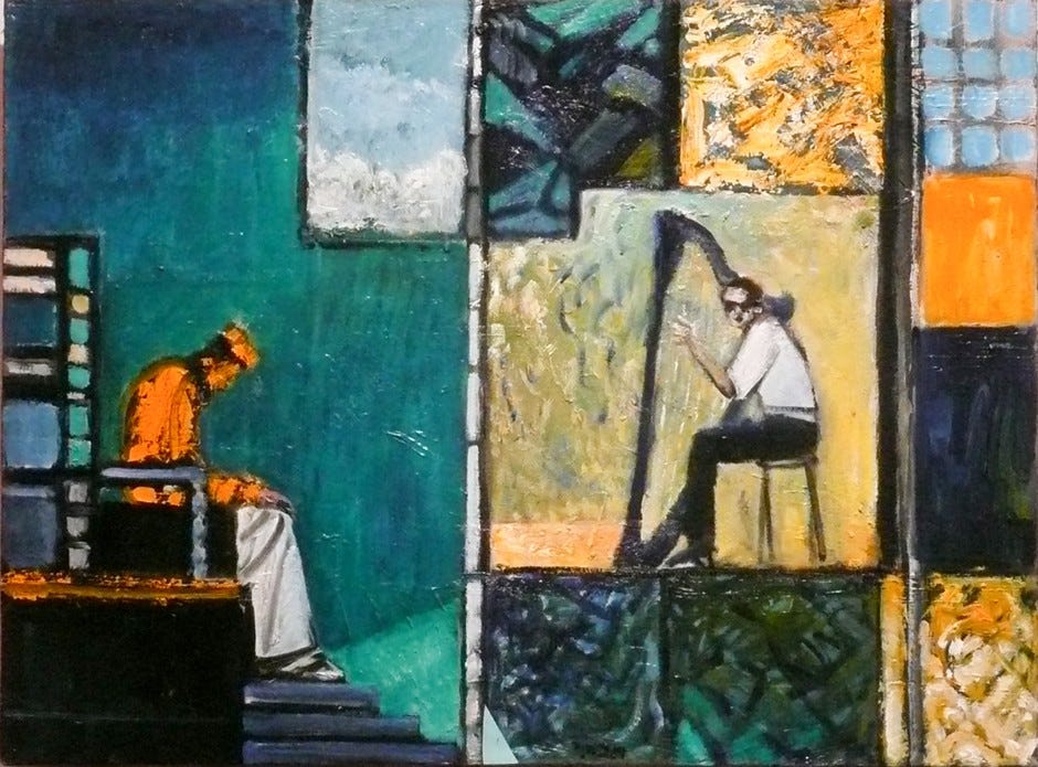 Contemporary style painting of David playing for Saul. Saul sits slumped in his throne on the left side of the canvas with a background of blue. On the right, the David figure wears a white shirt and black trousers and plays a modern looking harp amid squares of yellow, blue, and orange. He gazes towards the viewer and seems to be wearing sunglasses.