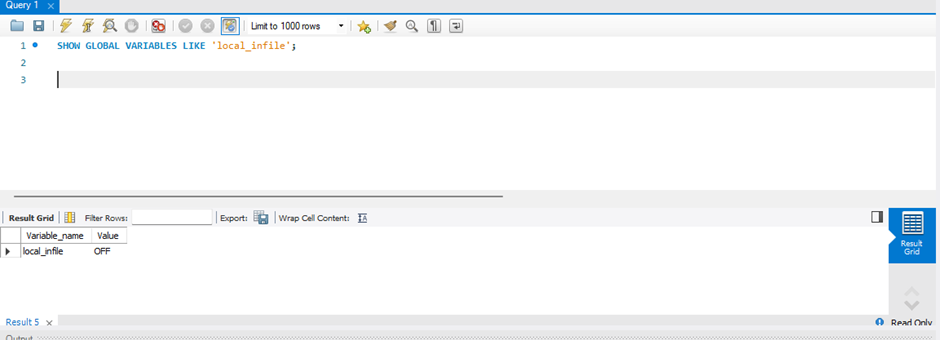The above image displays the command “SHOW GLOBAL VARIABLES LIKE ‘local_infile’ ;
