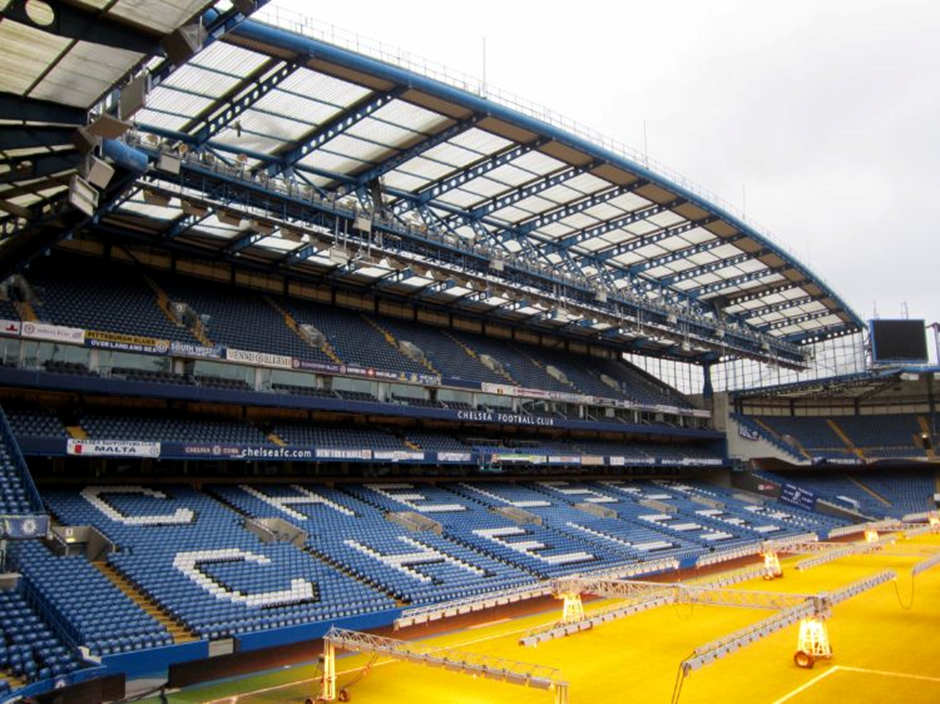 Stamford Bridge adorned with blue seats and a mosaic of the word ‘Chelsea’