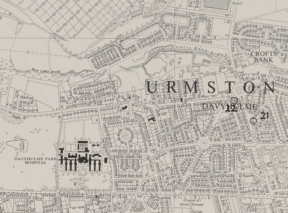 Local area map of Urmston, showing the location of Davyhulme Park Hospital.