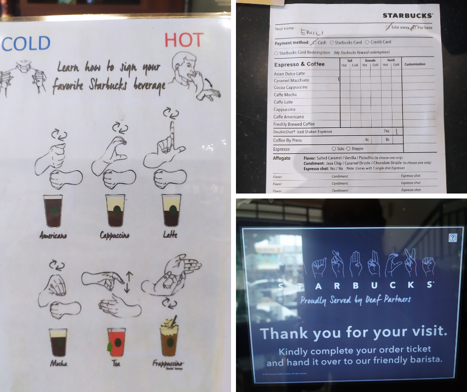 A collage of three images. It comprises of an order sheet, a point of sale display and a poster that teaches the customer on how to order using sign language.