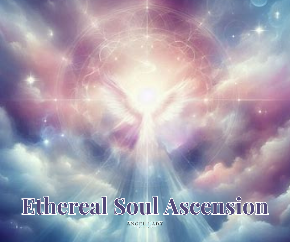 Ethereal Sol Ascension, soft pastel background, angel silohette in the center, sparkling clouds