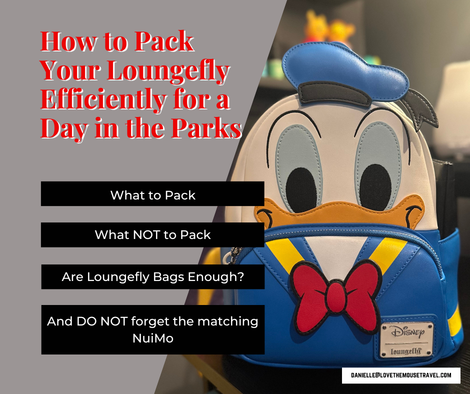 A Donald Duck-shaped backpack with a graphic quoting “How to Pack Your Loungefly Efficiently for a Day in the Parks” used by Disney Adult Travel Advisor packing tips