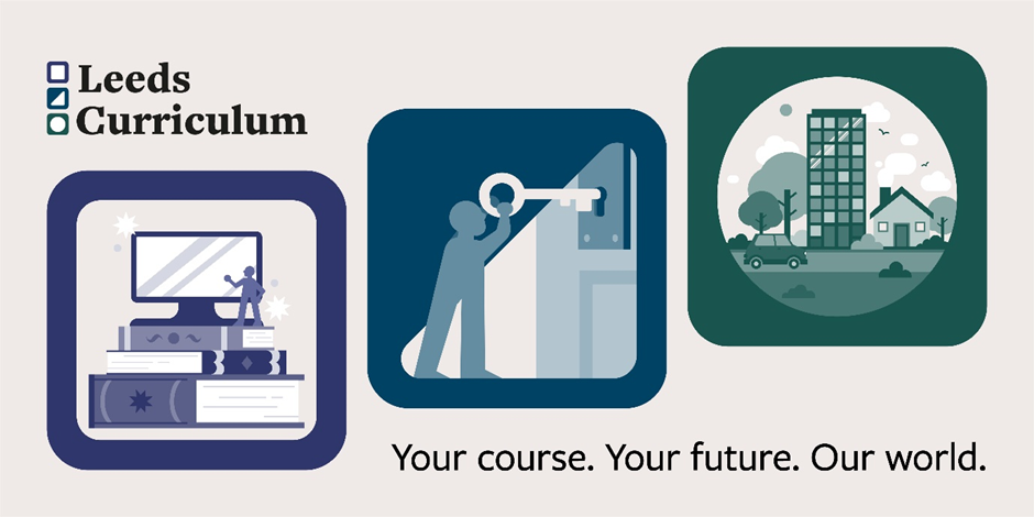 Three icons of the Leeds Curriculum showing your course, your future, our world