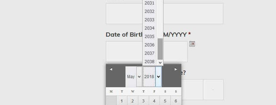 A drop-down box on a website, showing that people applying for a ticket to Stephen Hawking’s memorial service in 2018 could enter a birthdate up to 31 December 2038