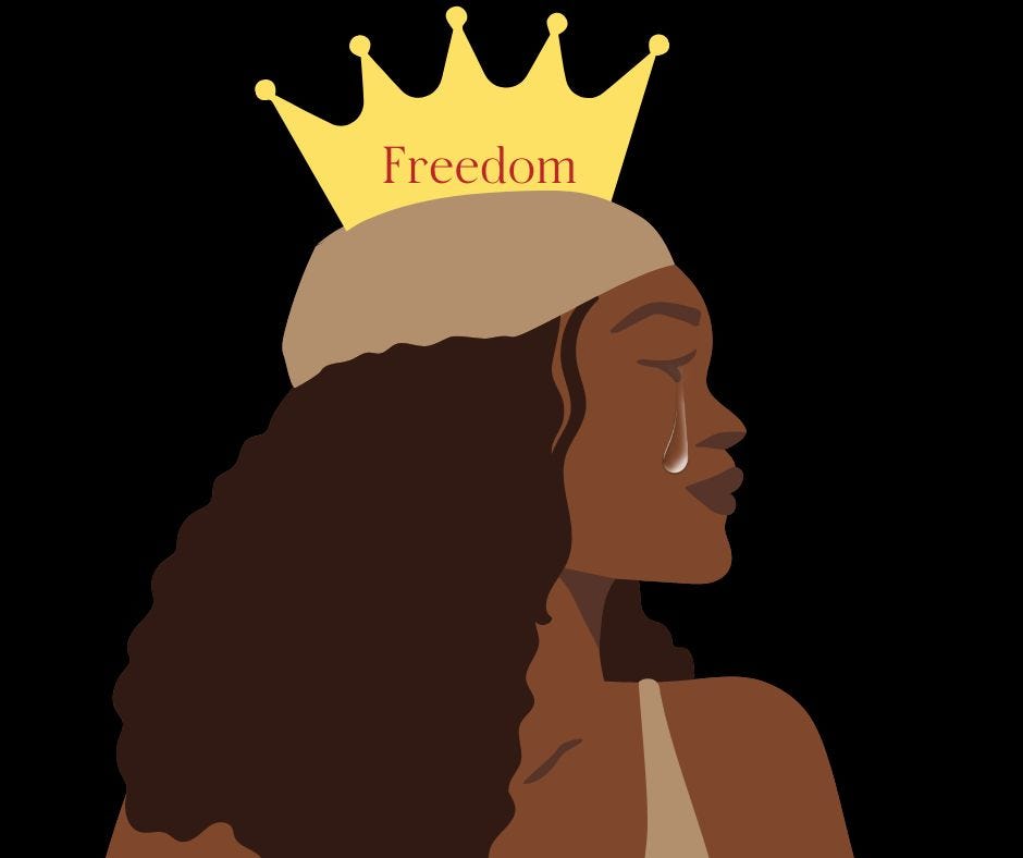 A crying black woman carrying a yellow crown with the word “Freedom” written on it. Author’s Design on Canva.