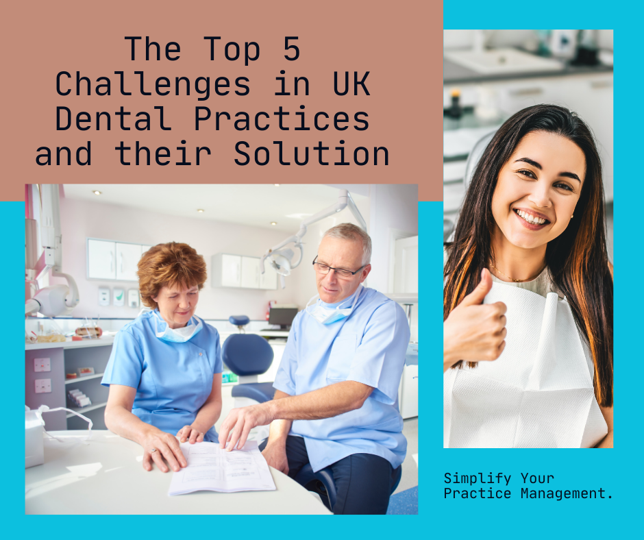 The Top 5 Challenges Haunting UK Dental Practices (and How a Dental Professional Portal Can Be Your Exorcism) and show a doctor guide their patient and in other picture a women show thumbs up