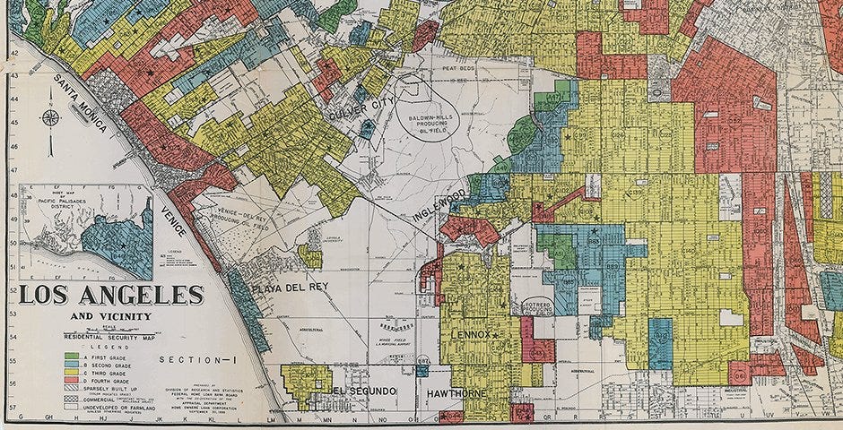 A 1939 redlining map of Los Angeles, specifically of South Los Angeles. Neighborhoods are color-coded and rated from green for “most desirable” to red for “least desirable.”