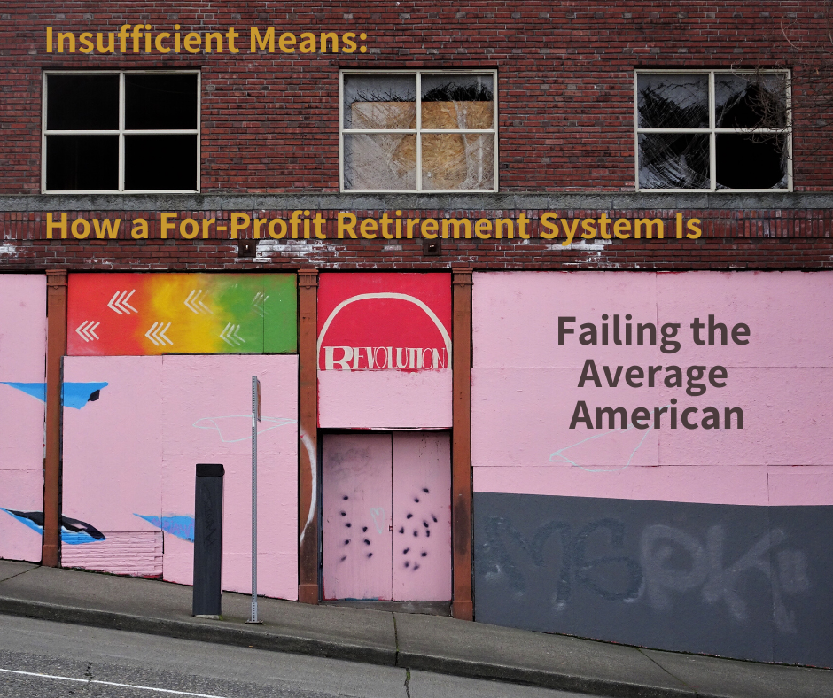 A boarded-up urban brick building with a hand painted sign that says “Revolution” over the doorway