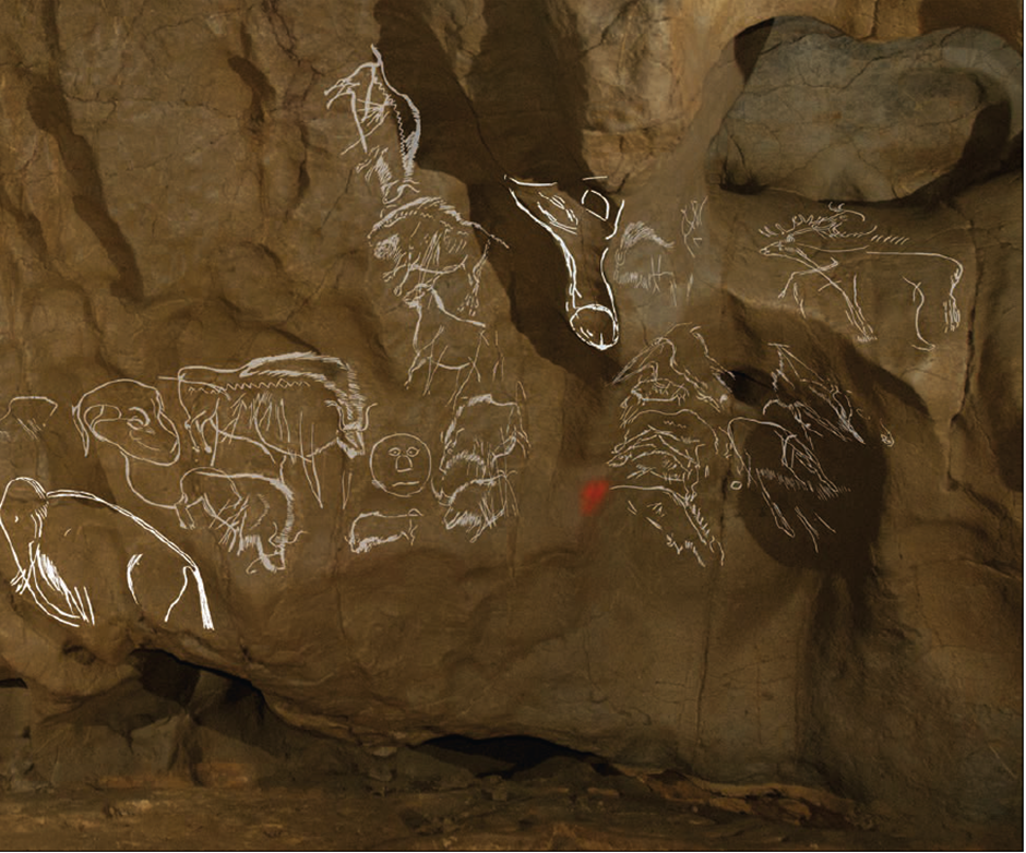 A cave wall with white lines superimposed over the image showing mammoth, bison, a human face, a possible reindeer, and a giant cock and balls
