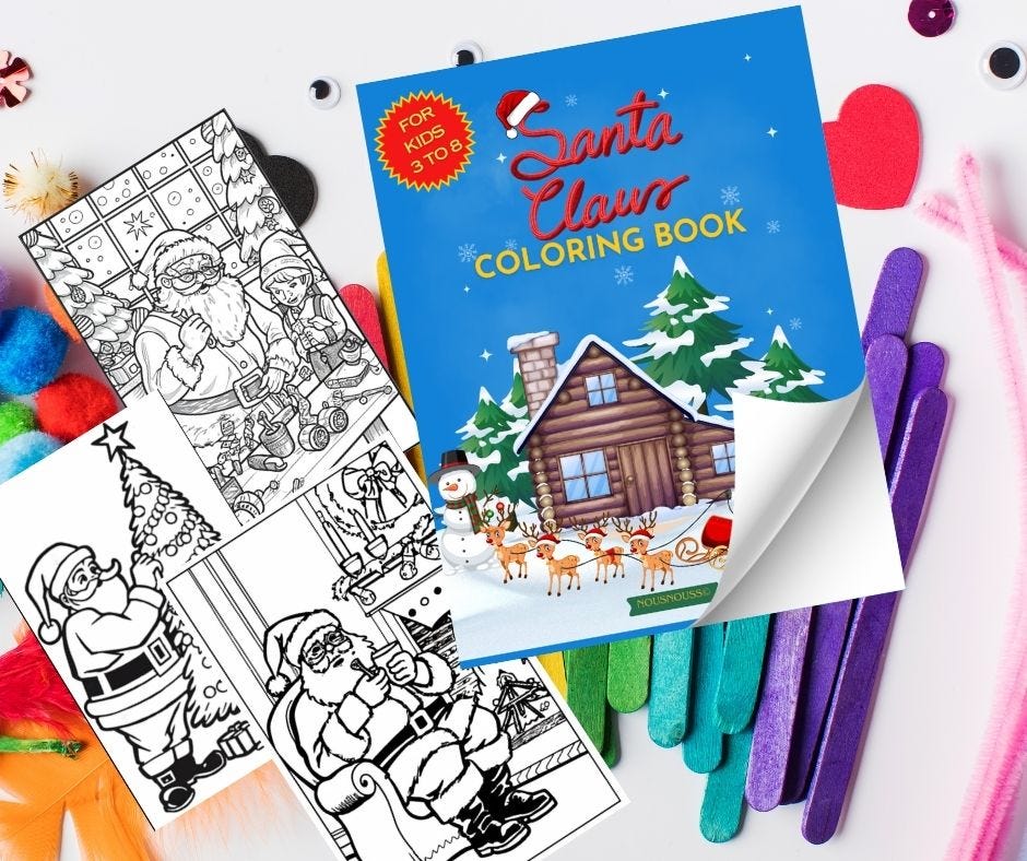 A red coloring book titled Santa Claus Coloring Book open to a page with a partially colored illustration of Santa flying his sleigh led by reindeer across a starry night sky.