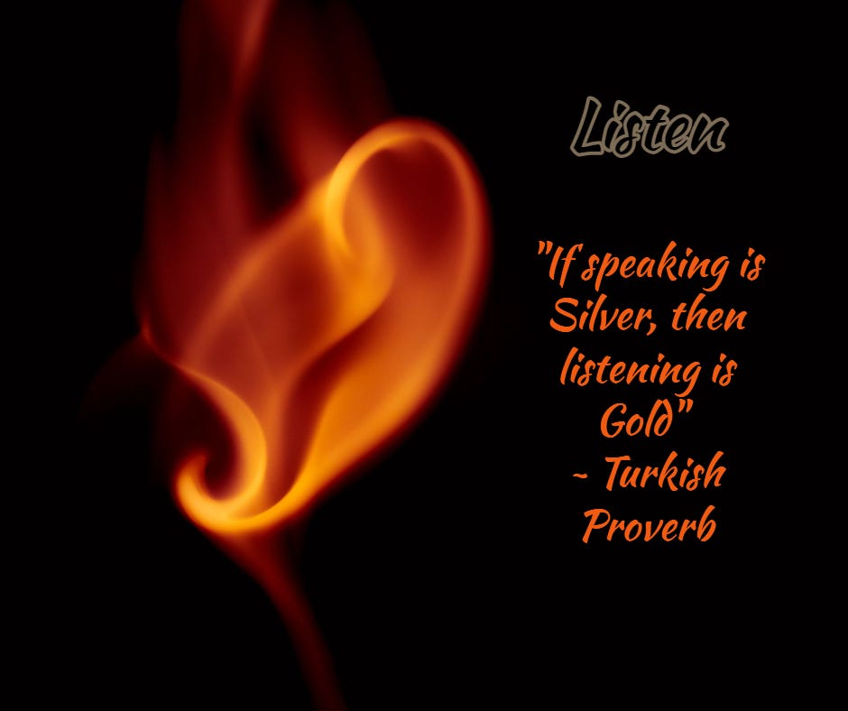 Orange ear on black background with a Turkish quote about listening.