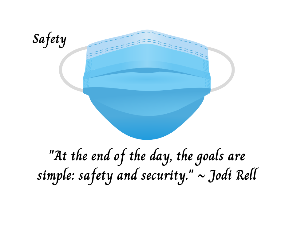 Blue face mask above quote about safety by Jodi Rell.