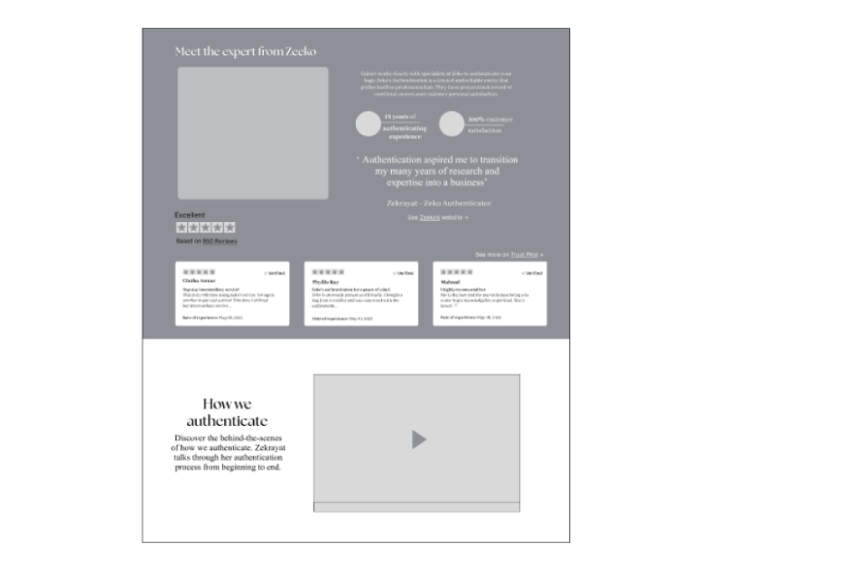 Mid-fidelity wireframes with Trustpilot reviews, information about the third-party authenticator and a behind-the-scenes authentication video.