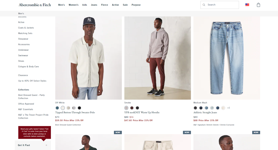 Abercrombie.com screenshot showing products in men’s clothing