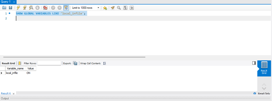 The above image shows the result of the command “Show Global Variable ‘local_infile’ as ON